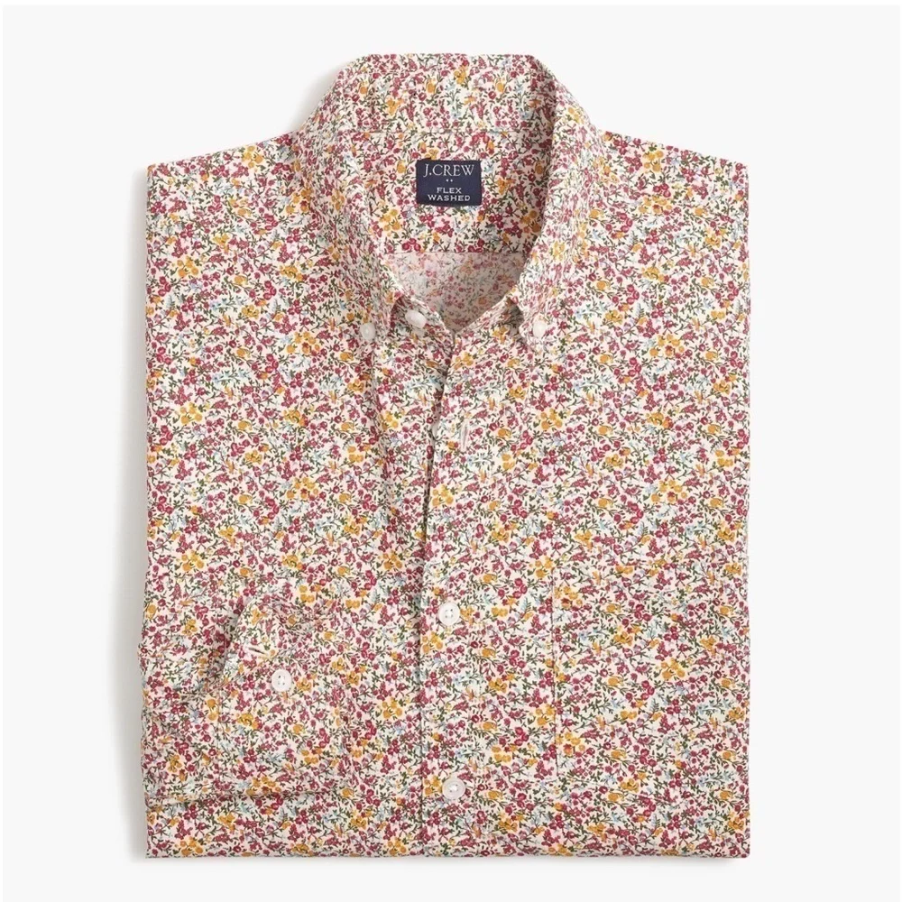 J. Crew Men Ditzy Floral Print Long Sleeve Button Down Lg Shirt Slim Flex Washed